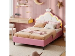 Cama Casal Infantil 140x200cm Com Cabeceira Coroa Nuvem E Fita Luz Led Rgb - Controlo Por App, Altura Ajustável, Veludo Rosa E Branco, Estilo Princesa