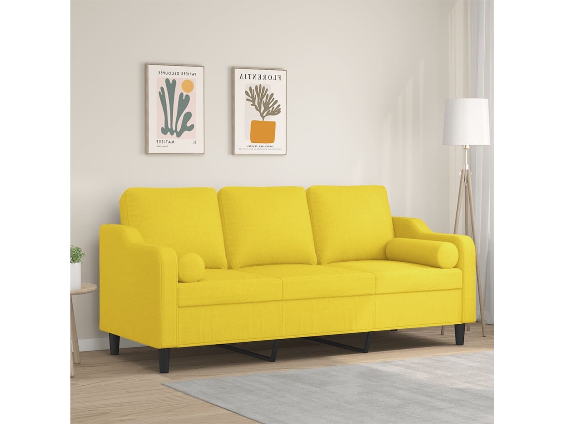 Vidaxl Sofá 3 Lugares + Almofadas Decoração 180cm Tecido Amarelo-claro