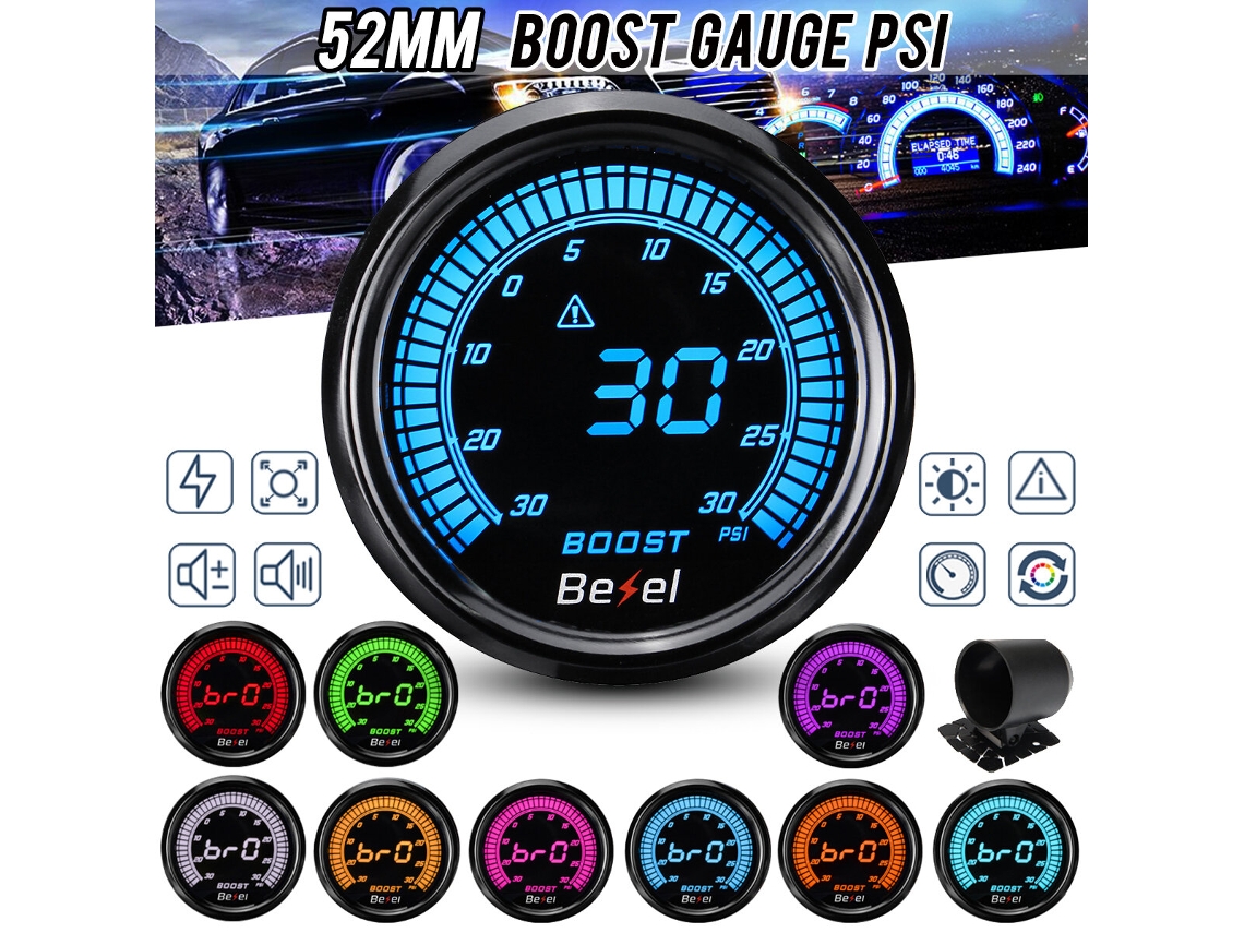 Manômetro universal para turbo de carro, 2'' 52 mm 12 V, manômetro digital LED, visor de leitura de 10 pinos com sensor -30~30 Psi