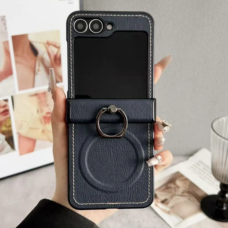 (azul, Galaxy Z Flip7) Capa De Celular Retrô Em Couro Granulado Com Suporte Articulado Magnético