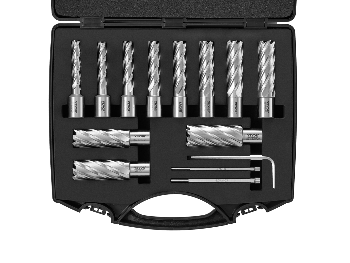 VEVOR Conjunto de Brocas Anulares com Haste Weldon de 13 Peças Mag 2 Corte Profundo 7/16 a 1-1/16 Diâmetro de Corte M2Al HSS