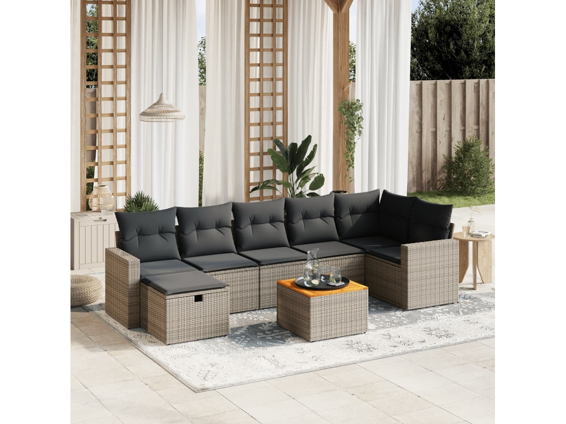Vidaxl 8 Pcs Conjunto Sofás De Jardim C/ Almofadões Vime Pe Cinzento