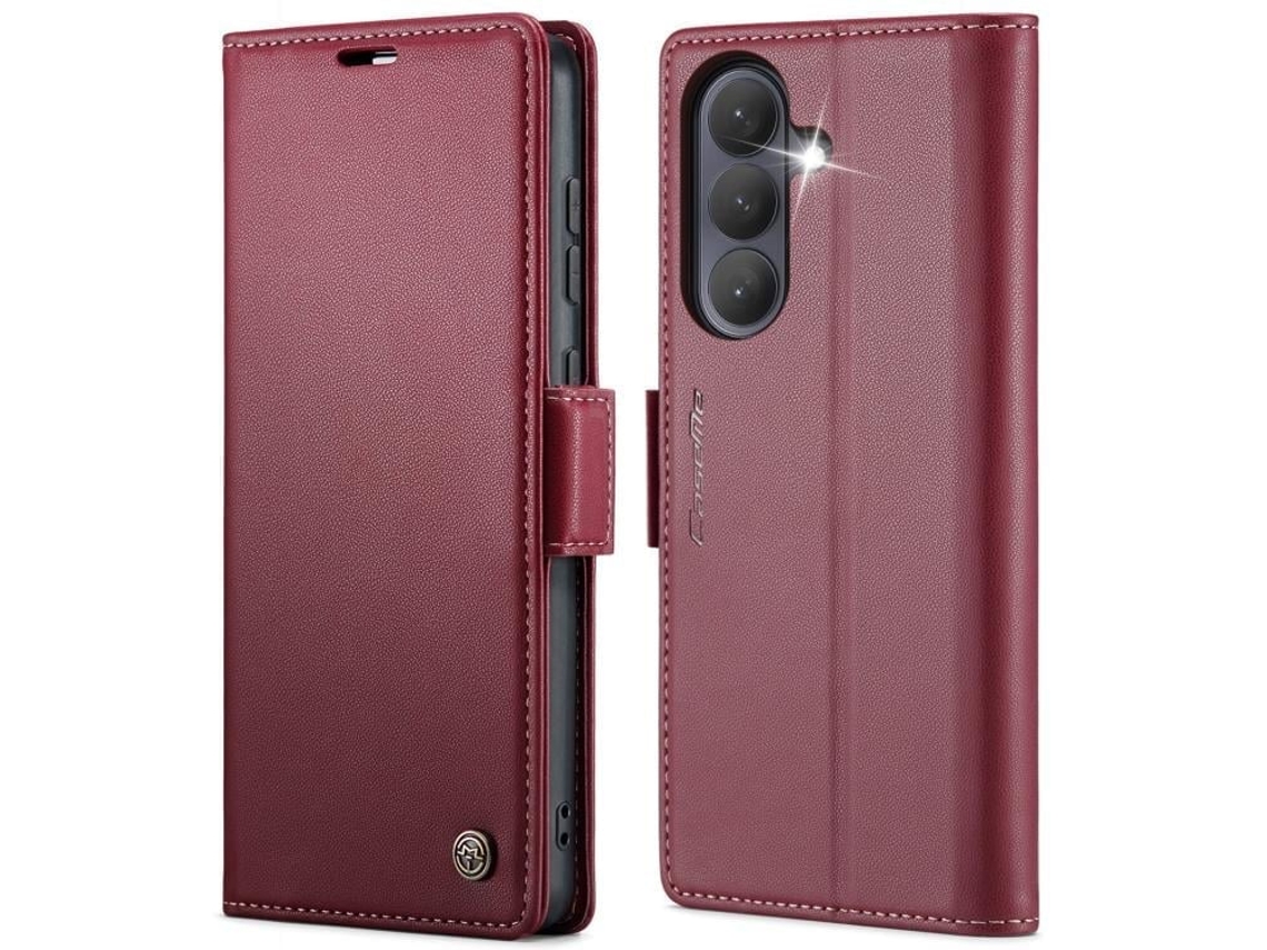 Capa Para Samsung Galaxy S26 5g De Couro Com Textura De Lichia E Fecho Borboleta Proteção E Rfid Antirroubo Vermelha