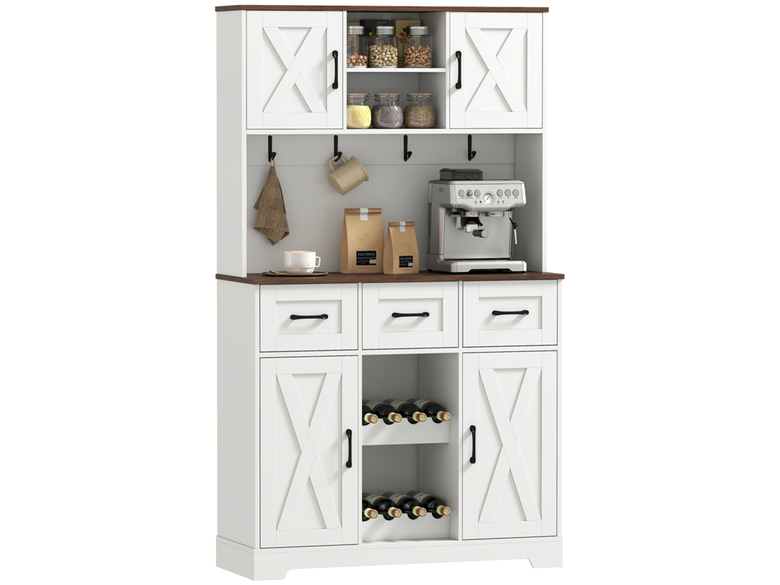 Amário de Cozinha Alto com Suporte para 8 Garrafas, 4 Portas, 3 Gavetas e Prateleiras Abertas PROFESIA BOYANG (100x38x172cm) Branco