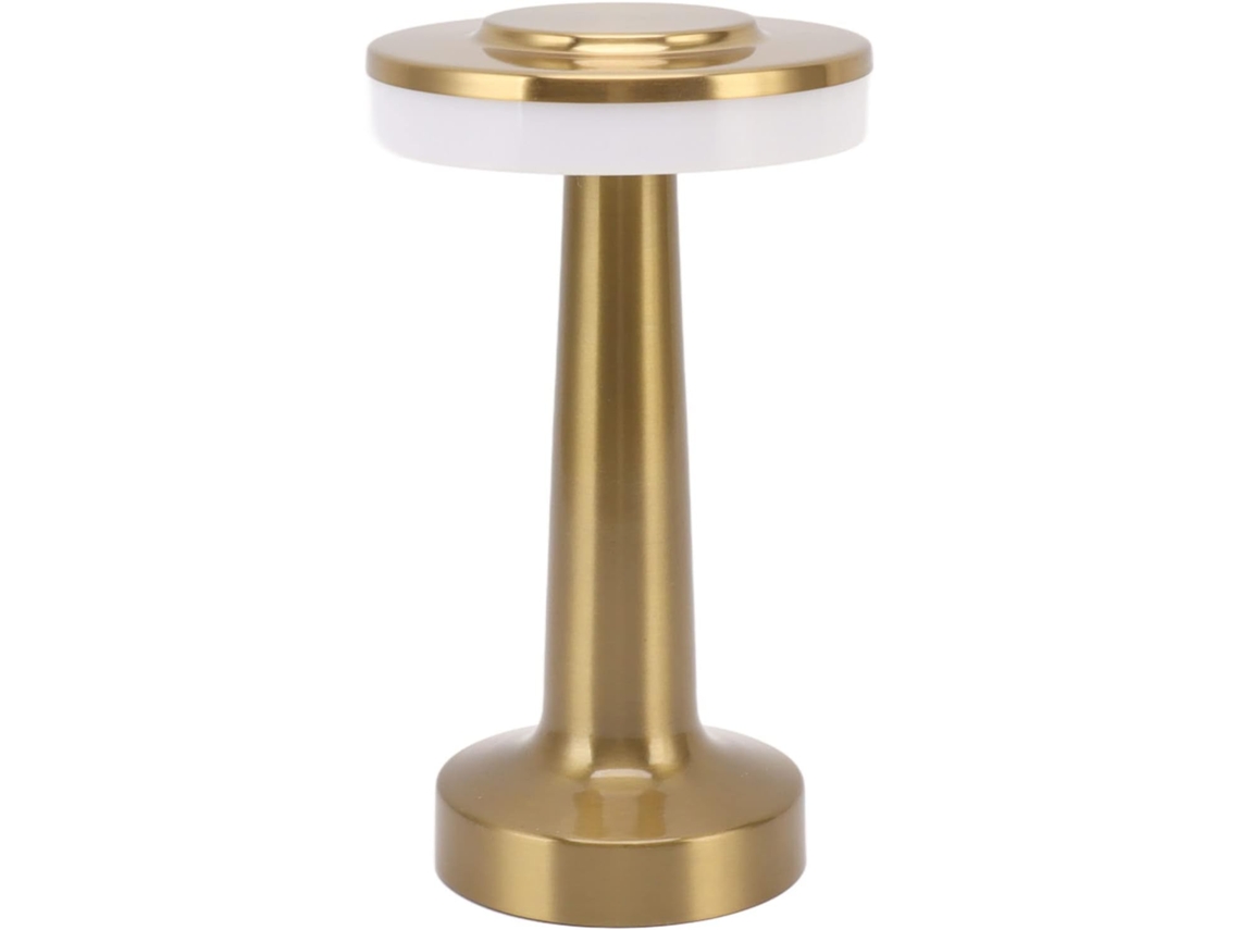 Luminária de mesa Brrnoo Gold recarregável em acrílico e metal, com 3 níveis de brilho ajustáveis, iluminação ambiente.