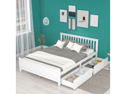 Cama Madeira Pinho 140x200 com Gavetas Branca