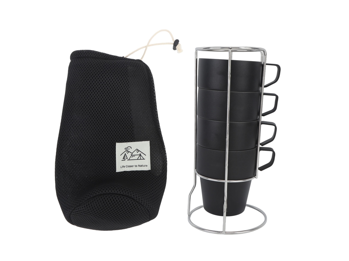 Conjunto de Copos de Café Preto Inox Isolado com Suporte