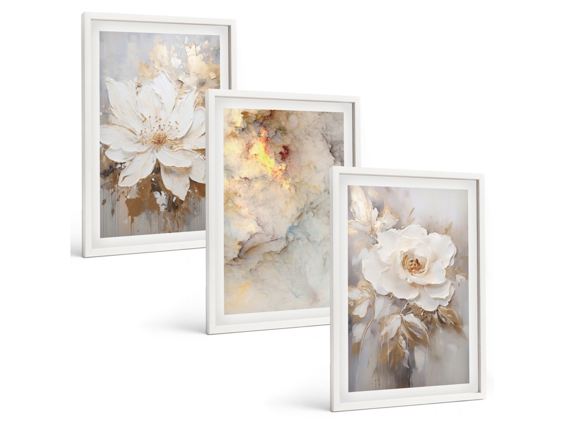 Quadros Decorativos Para Parede Flores, Fundo Claro, Abstrações Moldura Branca Fotos Para O Escritório Espelharte (3 Piezas De 40x60 Cm)