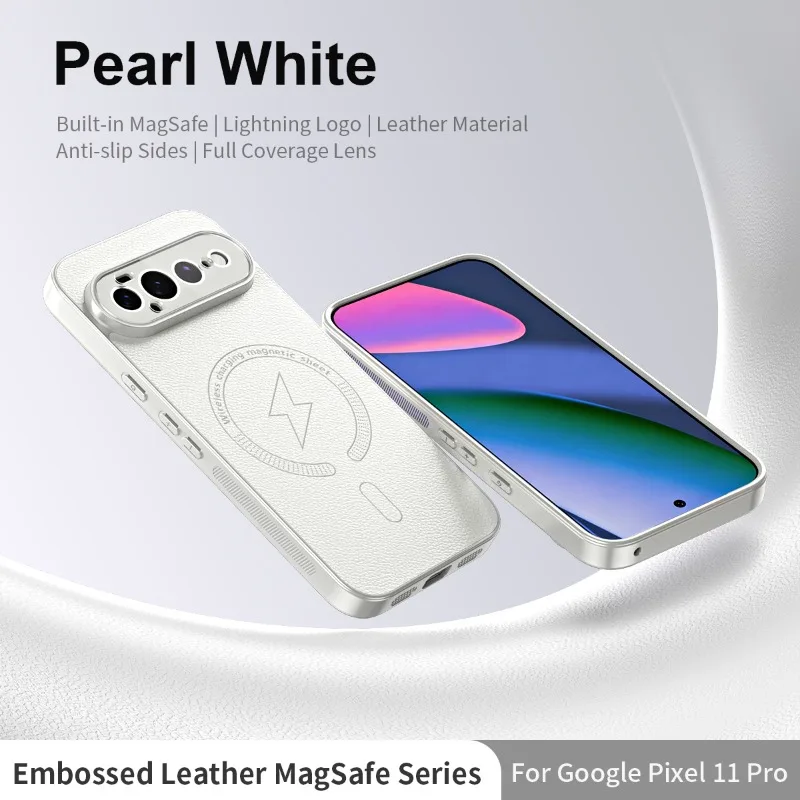 Capa Magnética Para Celular Em Couro Fosco Com Textura Em Relevo (google Pixel 10 Branco) Com Carregamento Sem Fio.