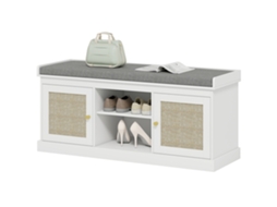 Banco Sapateira Com Assento Acolchoado Portas Em Vime E Prateleira Aberta Para 9 Pares De 105x35x47 Cm Branco