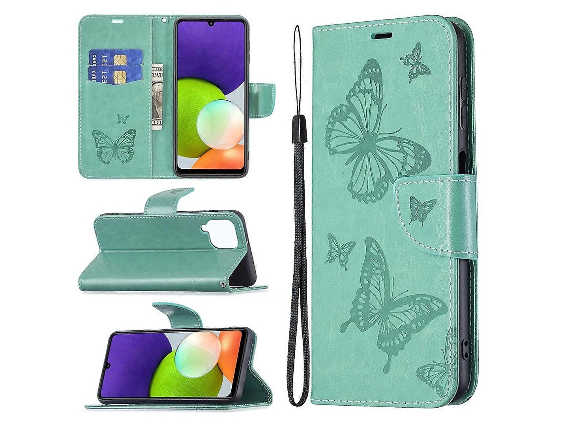 Capa De Couro Com Aba Horizontal E Estampa De Duas Borboletas Em Relevo Para Samsung Galaxy A22 4g, Com Suporte, Compartimento Para Cartões, Carteira