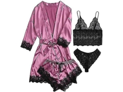 2026 conjunto de Pijama de Seda com Batista 4 Peças para Mulher com Encaje Floral e Cinto