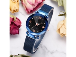 Relógio de Pulso Feminino de Quartzo Casual com Mostrador Estrelado Azul e Pulseira de Liga com Fivela Magnética