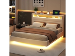 Cama Estofada Em Linho 160x200 Cm - Com Tomada Usb E Led - Cabeceira Reversível - Bege