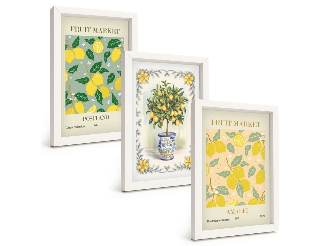 Conjunto De Quadros Com Moldura Árvore Cítrica Com Frutas E Itália Moldura Branca Fotos Para O Escritório Espelharte (3 Peças 20x30 Cm)