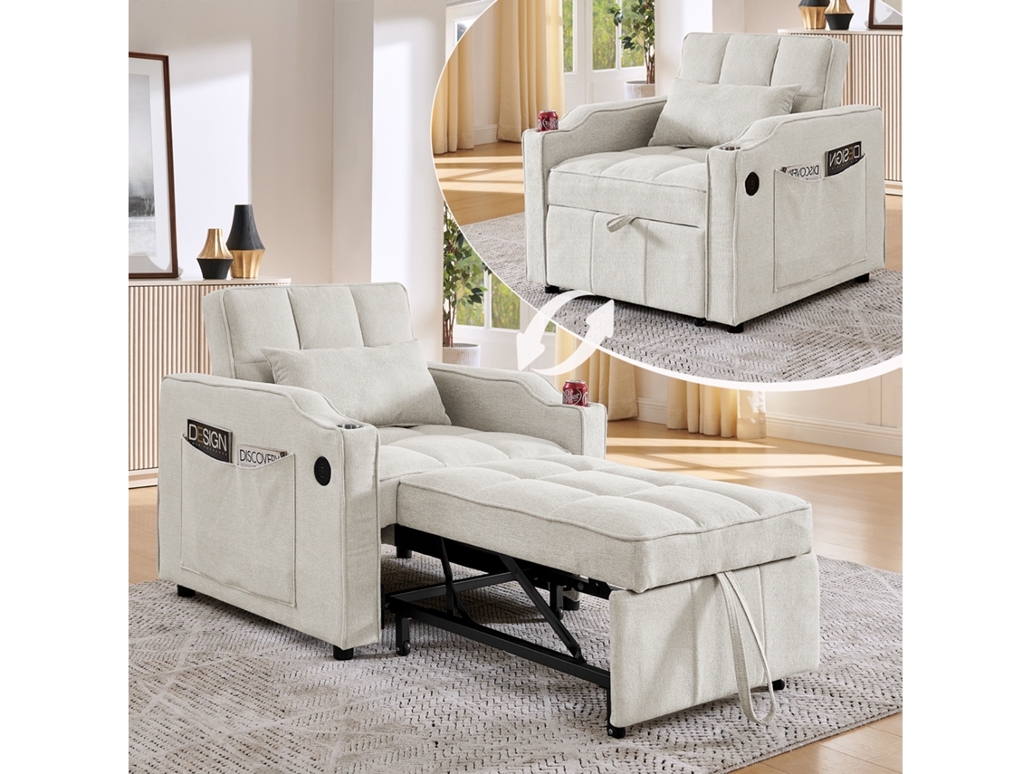 Poltrona-cama De 1 Lugar - Função De Cama, Usb/type-c, Porta-copos Em Aço Inoxidável, Encosto Ajustável Em 3 Níveis, Bolsos Laterais - Bege