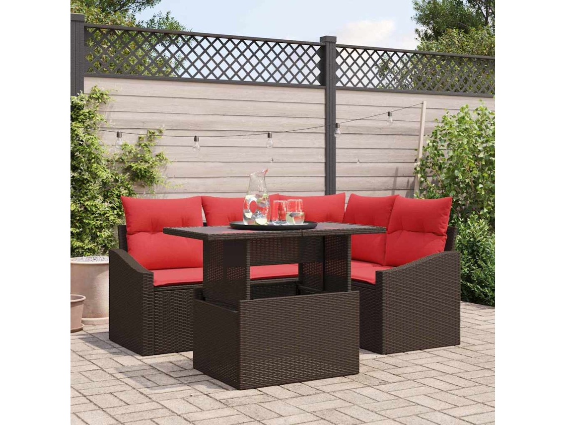Vidaxl Conjunto De Sofá De Jardim 5 Unid. Marrom E Vermelho Vime Pe