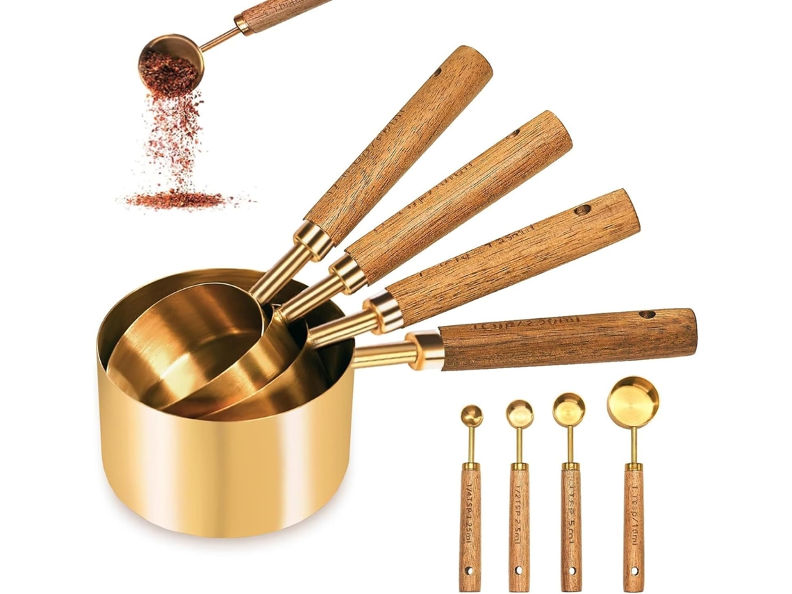 Conjunto De 8 Peças Xícaras E Colheres Medidoras Em Aço Inoxidável, Douradas, Com Cabos De Madeira, Ideais Cozinhar