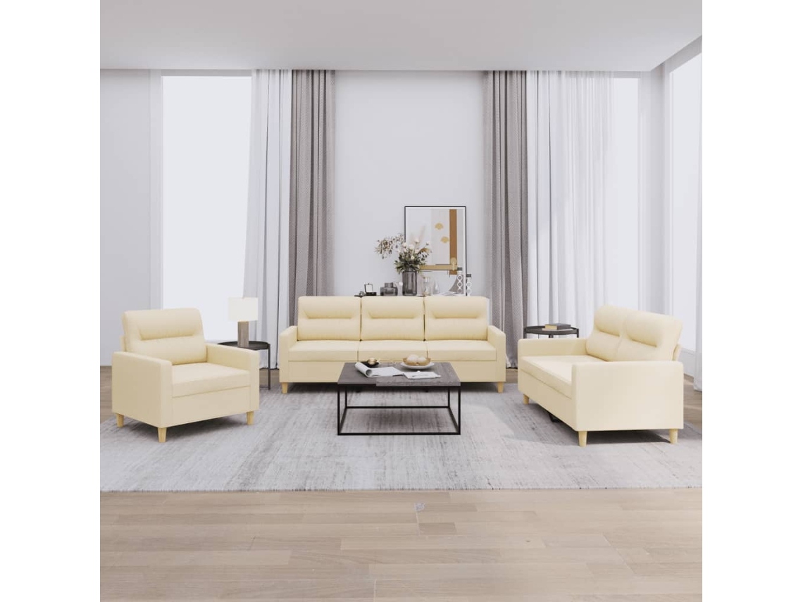 Vidaxl 3 Pcs Conjunto De Sofás Com Almofadões Tecido Cor Creme