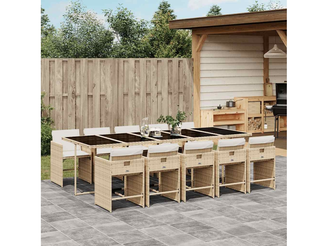 Vidaxl 11 Pcs Conjunto De Jantar P/ Jardim Com Almofadões Vime Pe Bege