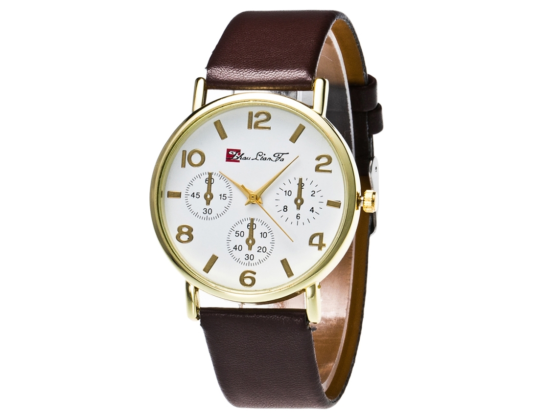 Relógio de Pulso Feminino de Quartzo com Pulseira de Couro Pu Estilo Simples Dial Redondo Café