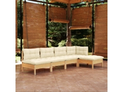 Vidaxl 5 Pcs Conjunto Lounge Jardim C/ Almofadões Cor Creme Pinho