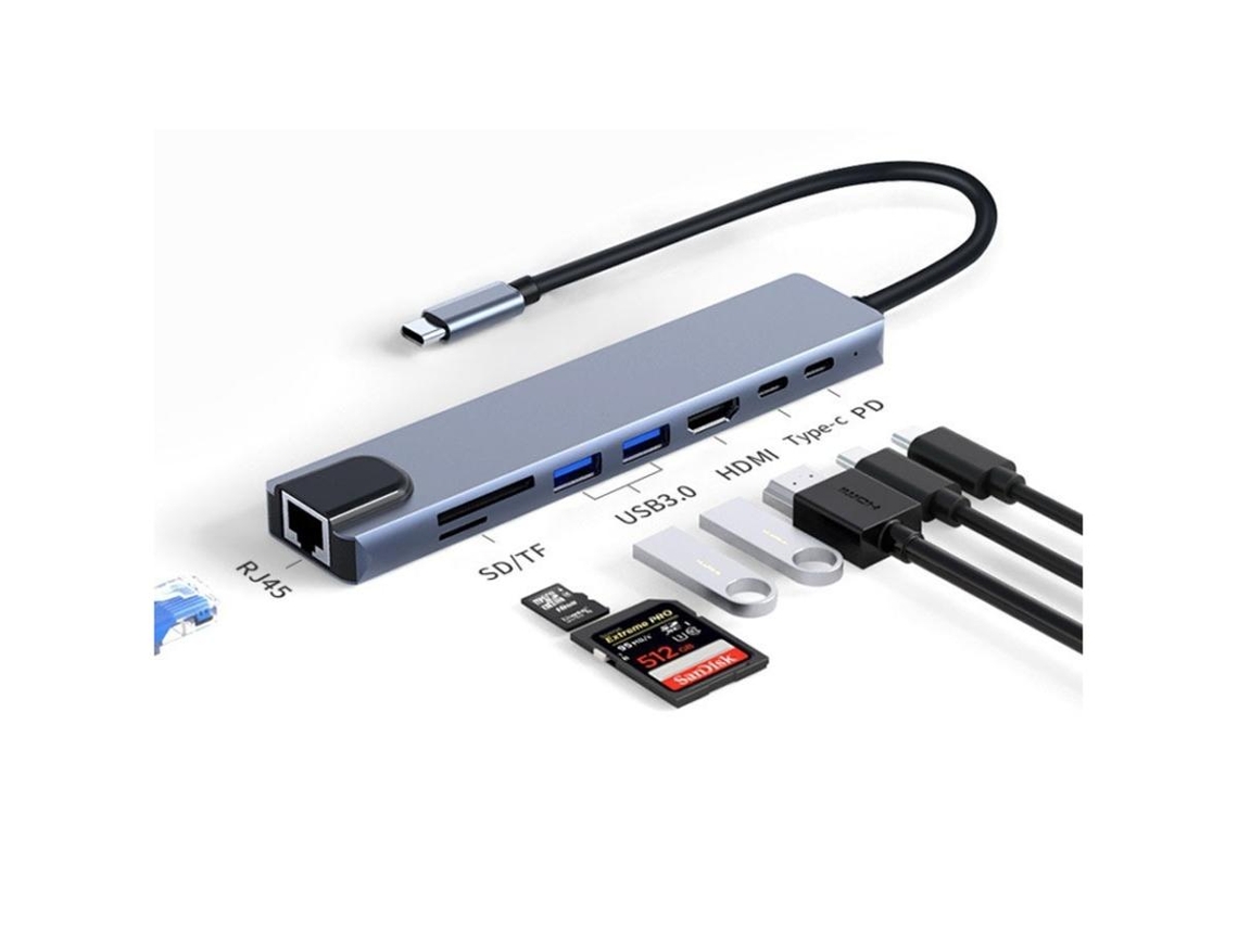 Lurelia Hub Usb-c 8 Em 1 Com 4k, 1080p, Hdmi, Rj45, Usb 3.0, Sd/tf Para Macbook Compacto