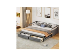 Sofá Cama Extensível 90/180x200cm Com Gavetas, Estrutura Ripada Em Pinho, Cama Com Arrumação, Cinza Hvorstur