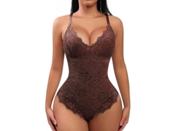 2026-body Shaper Para Mulher Controle Abdominal Bodysuit De Calcinha Com Decote V E Luvas Ajustáveis Medium Marrón