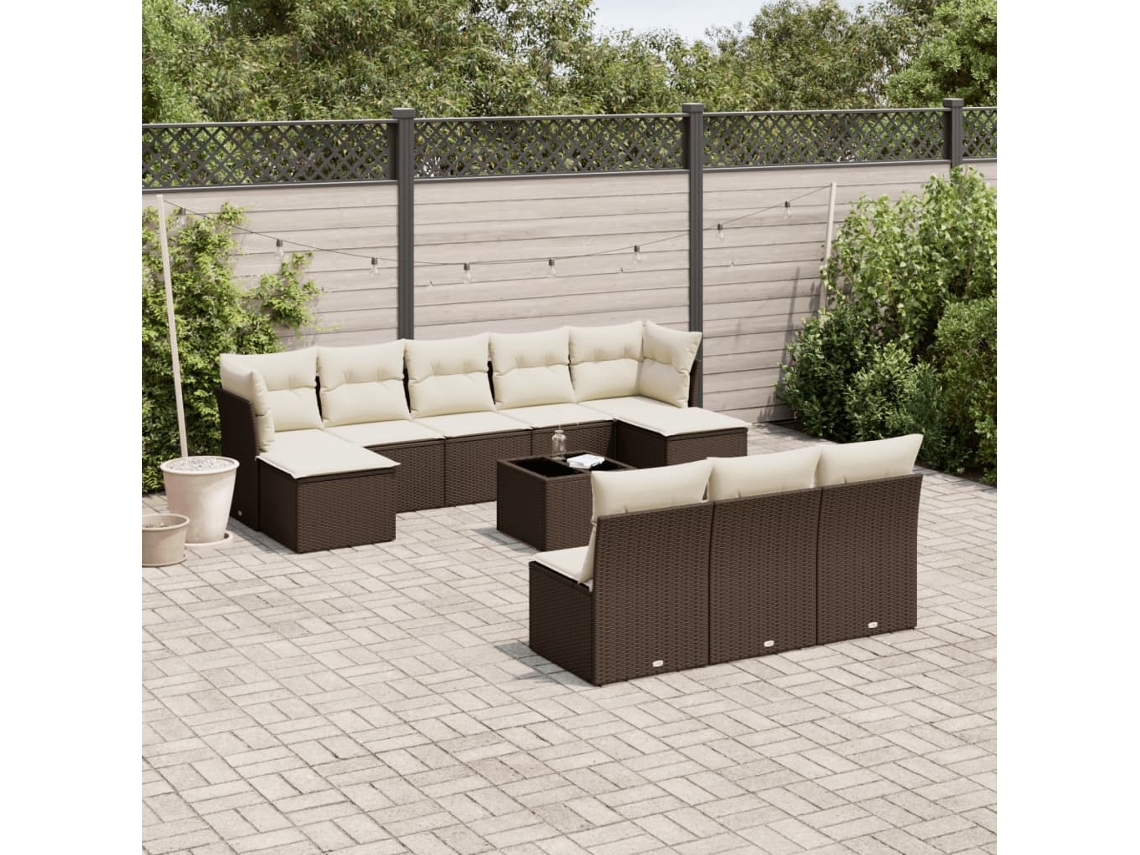 Vidaxl 11 Pcs Conjunto Sofás De Jardim C/ Almofadões Vime Pe Castanho