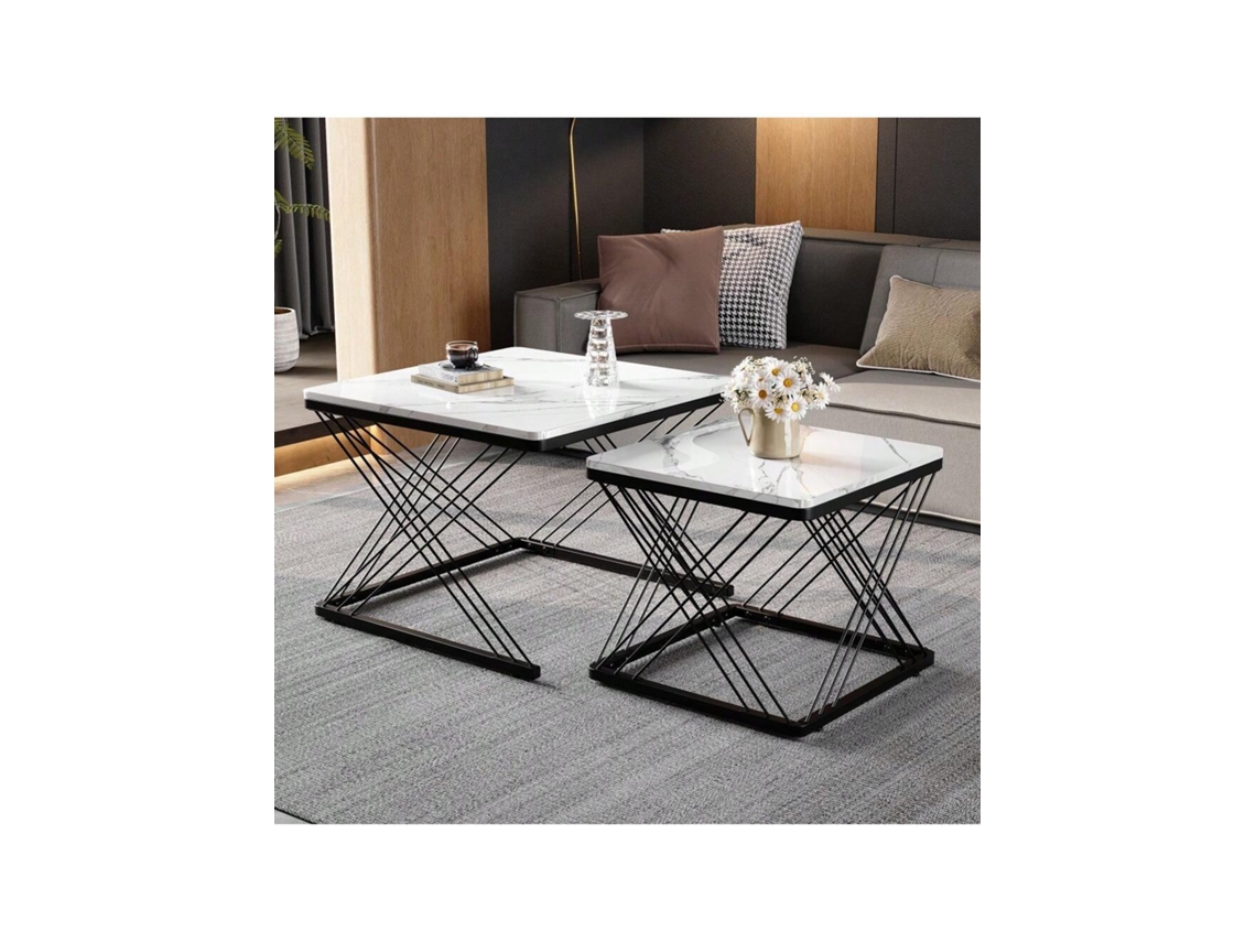 Conjunto de Mesa de Centro BTFORUS 2 Peças, tamanhos (60x60x45 cm e 45x45x40 cm), aparência Mármore Brilhante, pés Ajustáveis, suporta Até 30kg