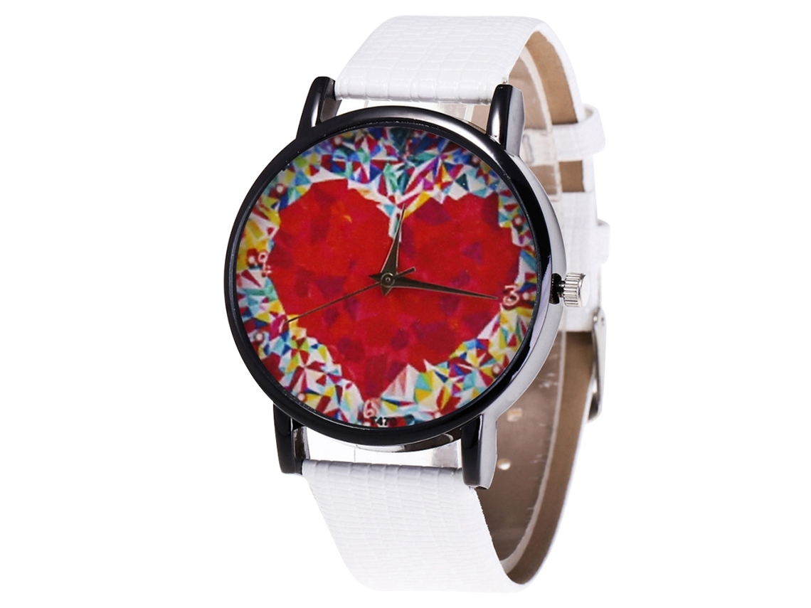 Relógio de Pulso Casal Quartz com Pulseira Pu e Mostrador em Forma de Coração Branco