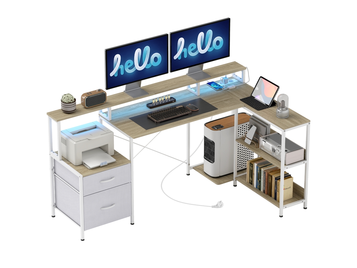 Mesa De Canto Com Tomadas E Iluminação Led Rgb. Mesa Para Computador. 172 X 100 Cm. Suporte Para Monitor. 2 Gavetas. Branca.