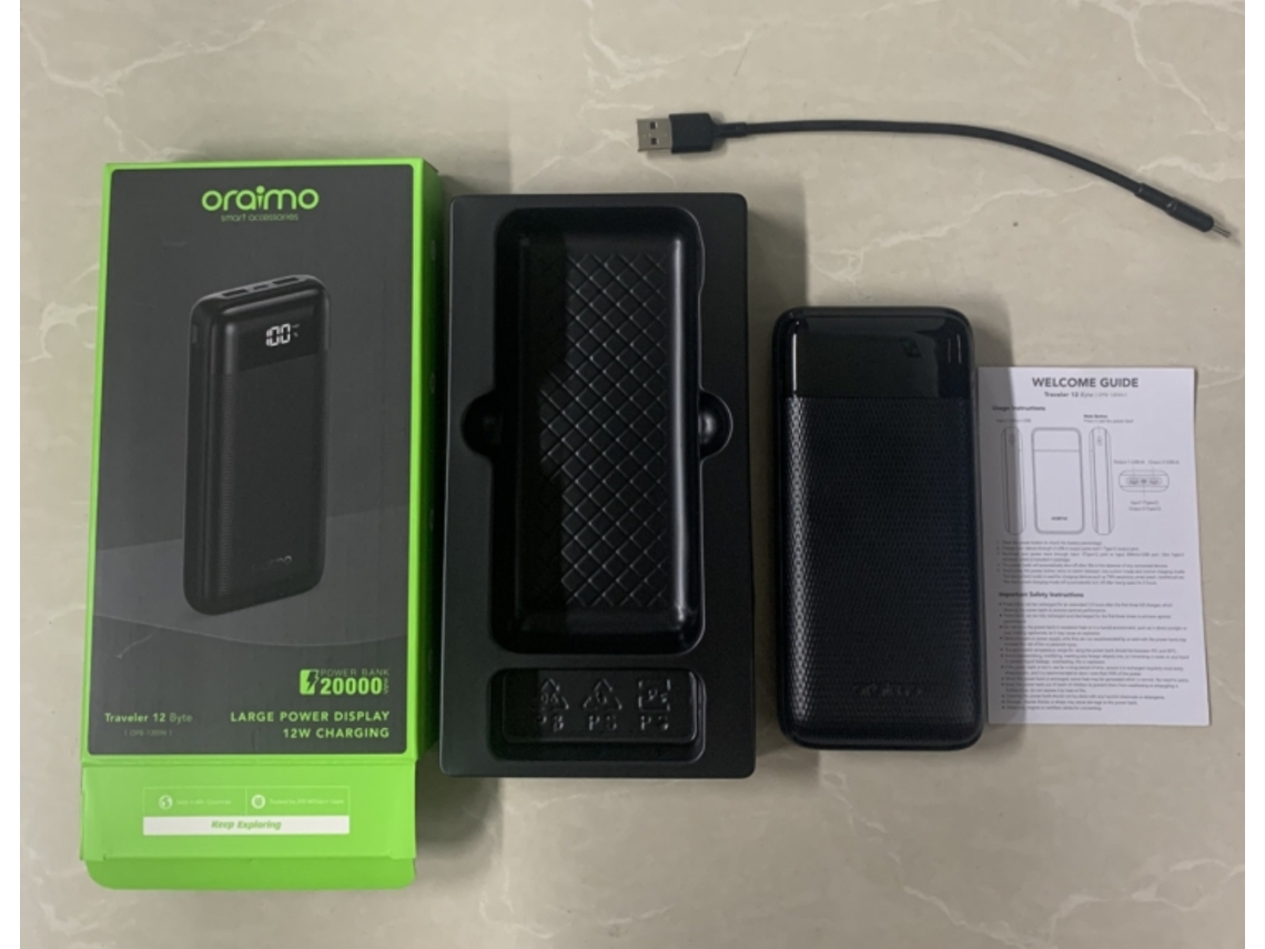 Aetheria oraimo Traveler 12 Byte 20000mah Bateria Portátil com Display Intuitivo e Saída Usb Dupla 12w