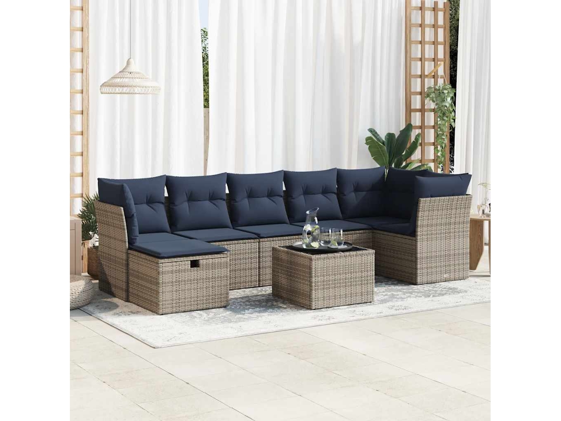Vidaxl 8 Pcs Conjunto Sofás De Jardim C/ Almofadões Vime Pe Cinzento