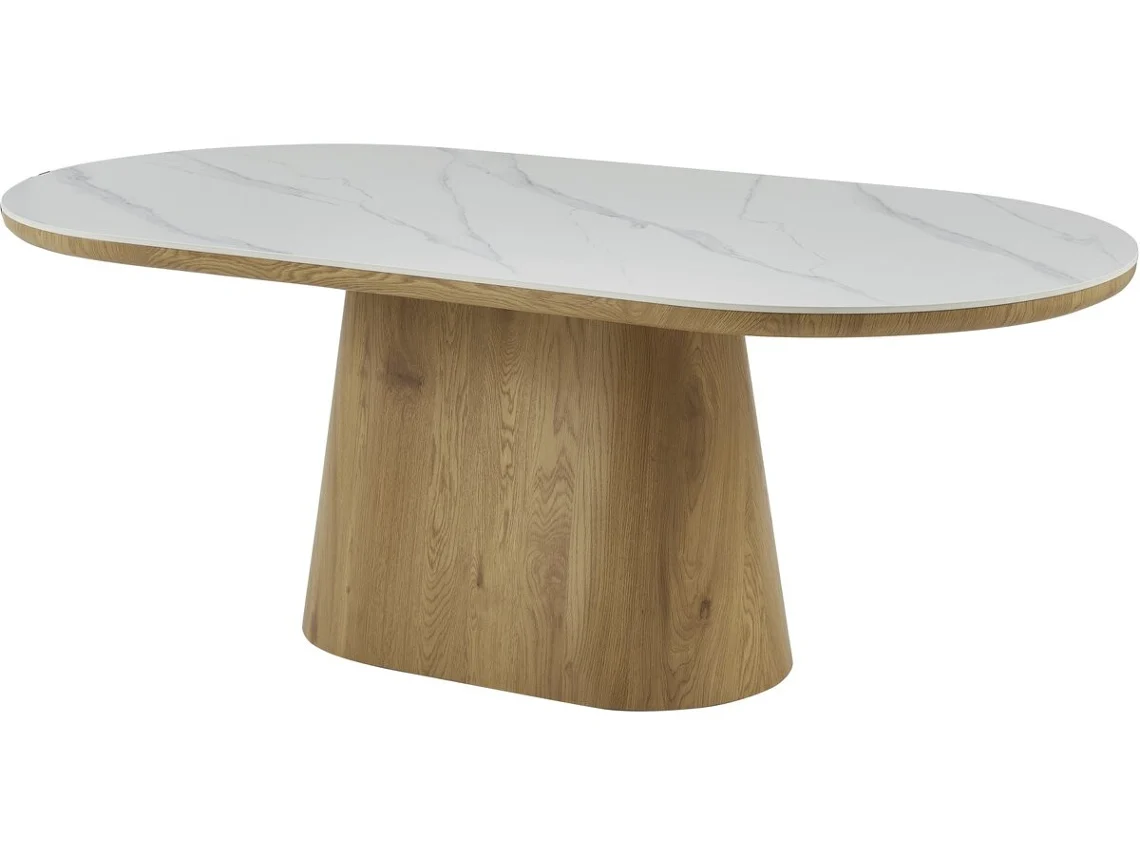 Mesa De Jantar Oval De Madeira Cerâmica ''bellagio'' - 8 Lugares - Branco E Castanho
