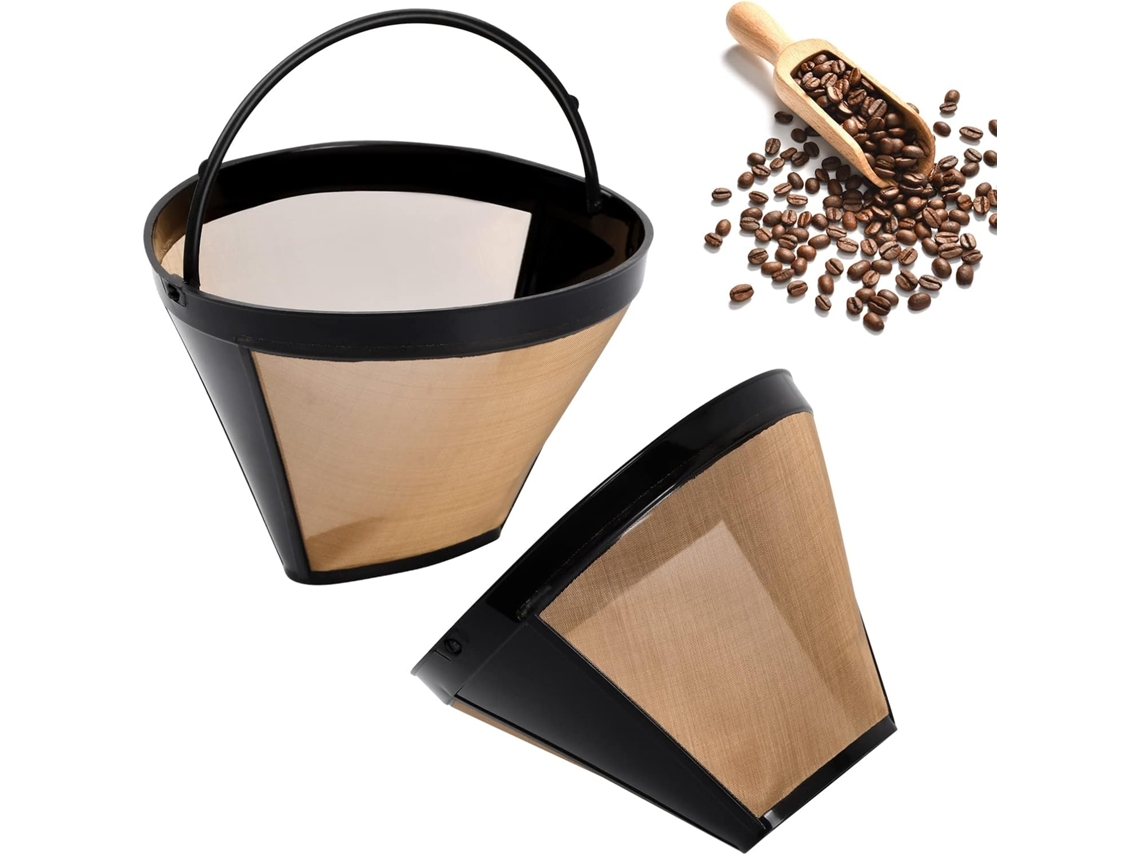 Conjunto De 2 Filtros Café, Universais Permanentes Em Aço Inoxidável, Cestos Filtro Malha Laváveis ​​e Reutilizáveis, Dourado Com Alça.