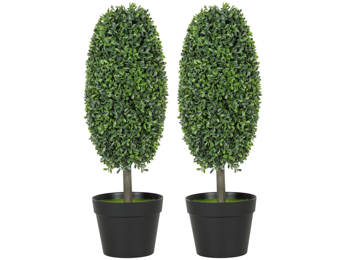 Conjunto De 2 Plantas Artificiais, Árvores Resistentes Aos Raios Uv Em Vasos, Plástico, Cimento, Verde