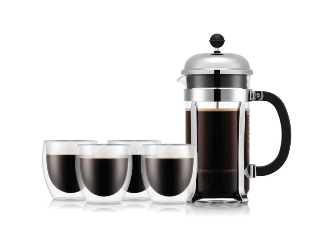 Cafeteira Francesa Tipo Prensa - Bodum Conjunto Chambord 8 Xícaras De 1,0 L + 4 Copos Pavina Parede Dupla 25 Cl