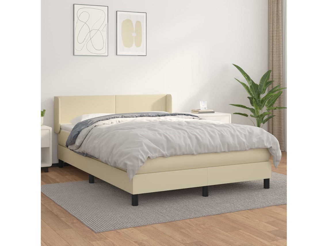 Vidaxl Cama Com Molas/colchão 140x190 Cm Couro Artificial Cor Creme