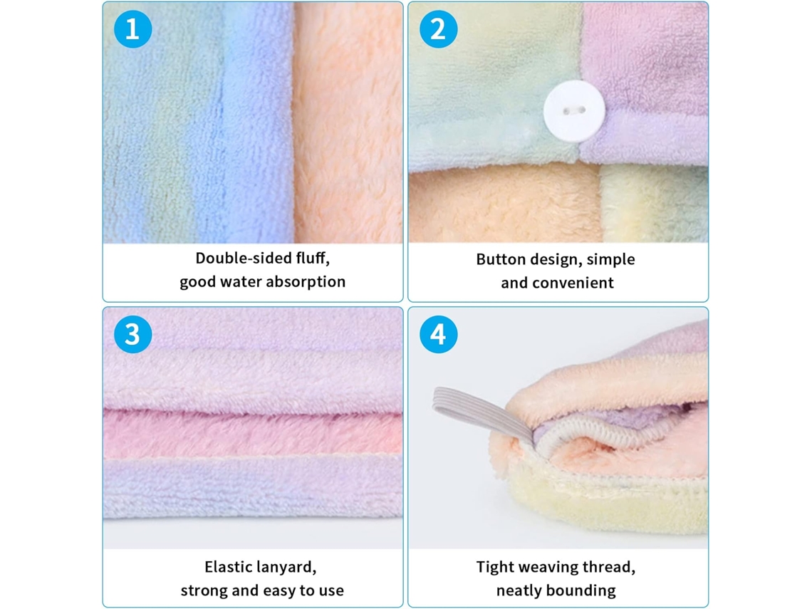 Toalha De Cabelo De Microfibra, Pacote Com 2, Secagem Rápida, Superabsorvente, Com Botão