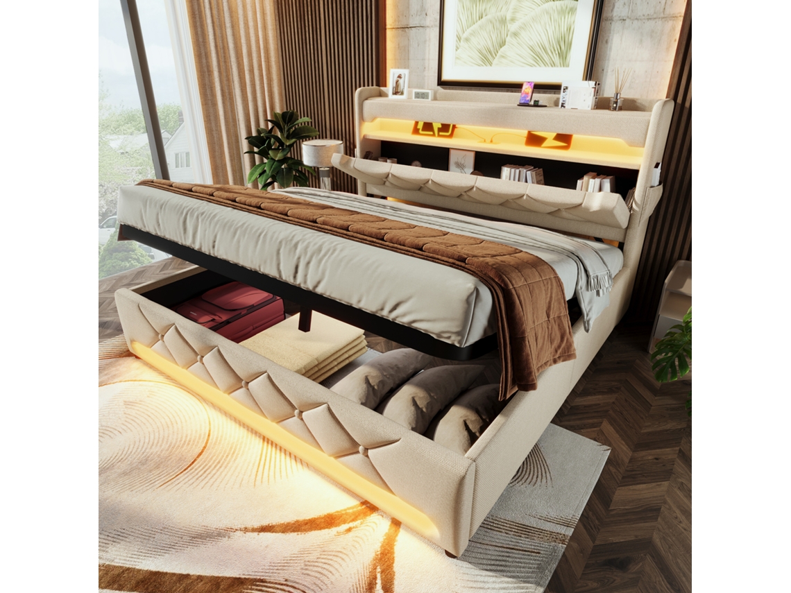 Cama de Solteiro VSOGA 90x200 cm com Cabeceira, Led, Usb, Cômoda, Veludo Cinza, Colchão