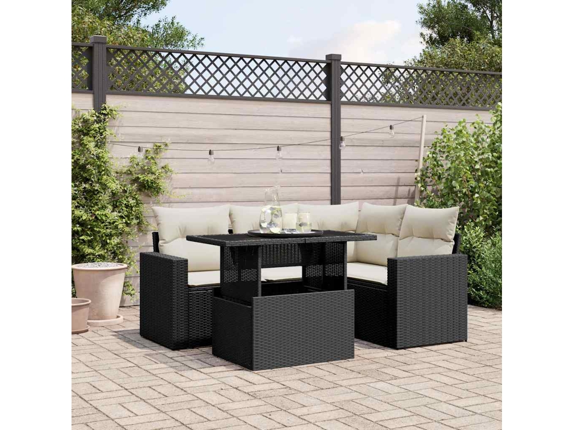 Vidaxl 5 Pcs Conjunto Sofás De Jardim Com Almofadões Vime Pe Preto