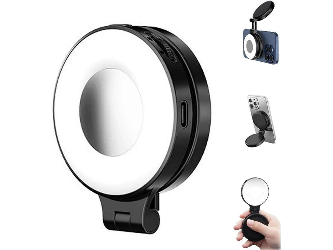 Luz De Selfie Magnética 3 Em 1 Com Espelho, Rotação De 360° E Suporte Para Celular (preta)