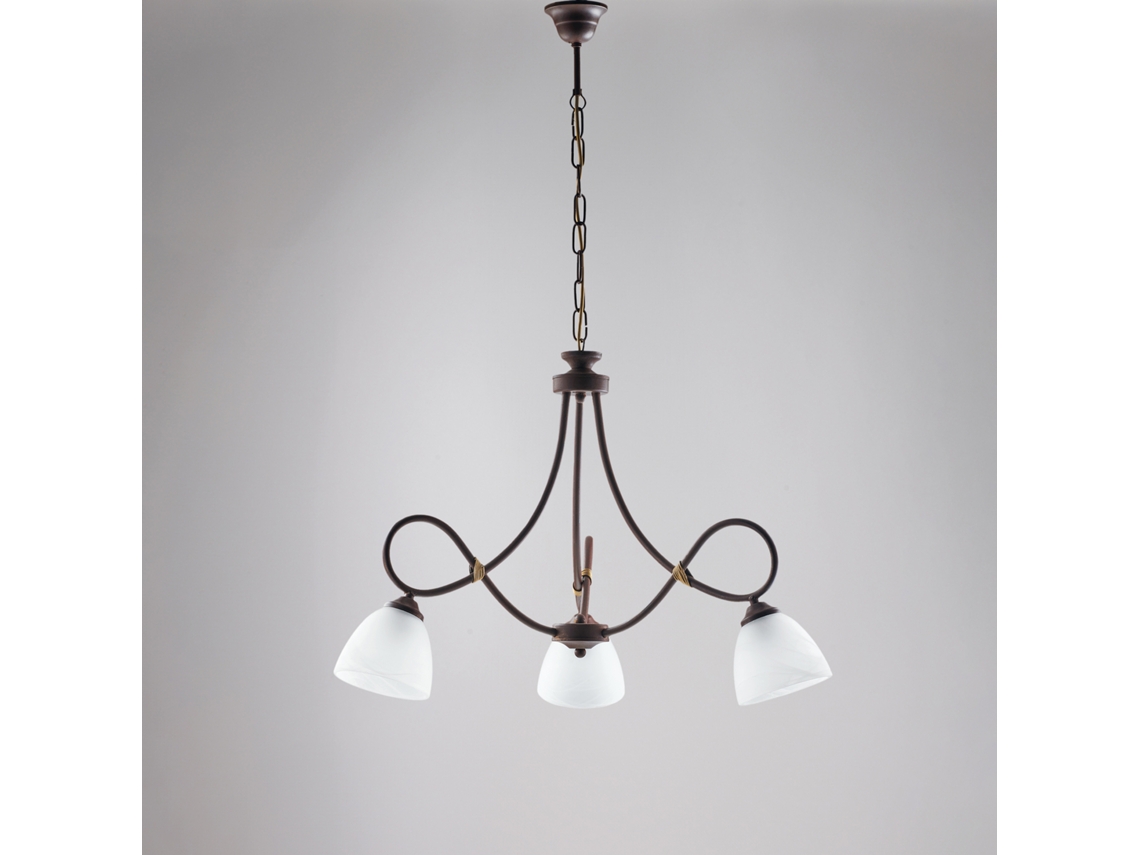 Dallas Lustre Em Ferro Lacado Preto Com Deco Efeito Ferrugem E Acabamento Em Ouro Antigo Com Difusores De Vidro D. 13 Alabastro Branco 3 Luzes Belight