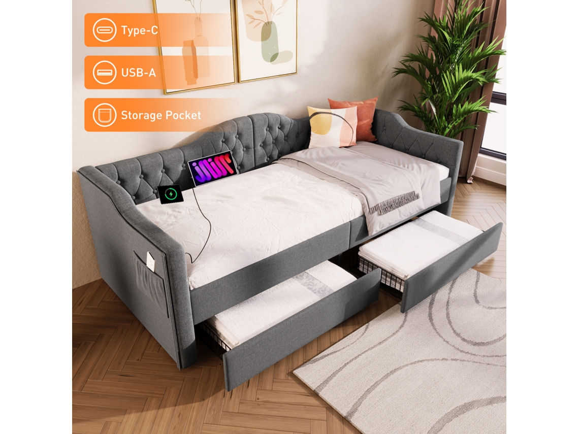 Cama Estofada, Sofá Sofá, Cama De Armazenamento, Estrutura De Cama Com Carregamento Usb Tipo C E 2 Gavetas 90x200cm Em Linho Cinza (sem Colchão)-op