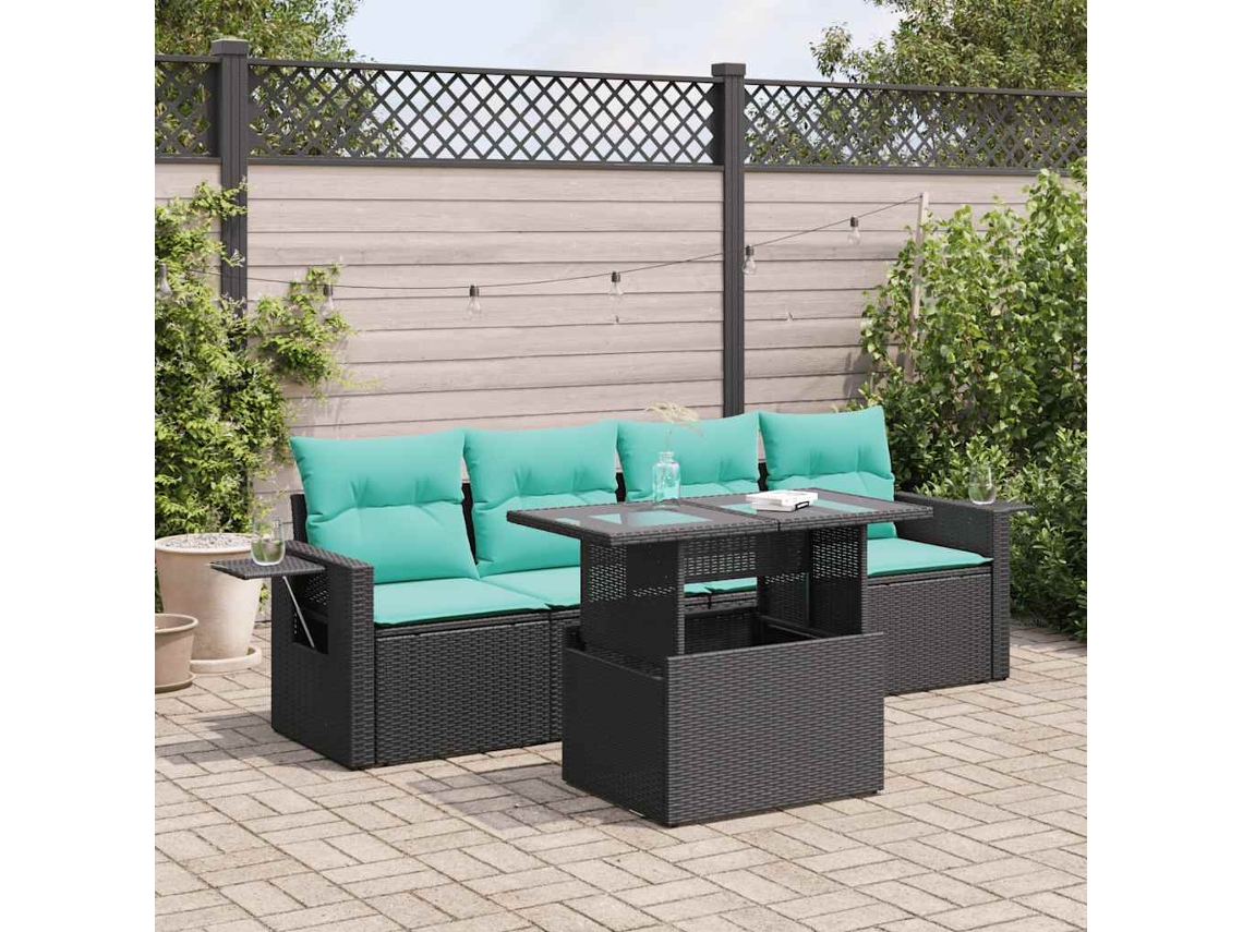 Vidaxl 5 Pcs Conj. Sofás Jardim C/ Almofadões Vime Pe/acácia Preto