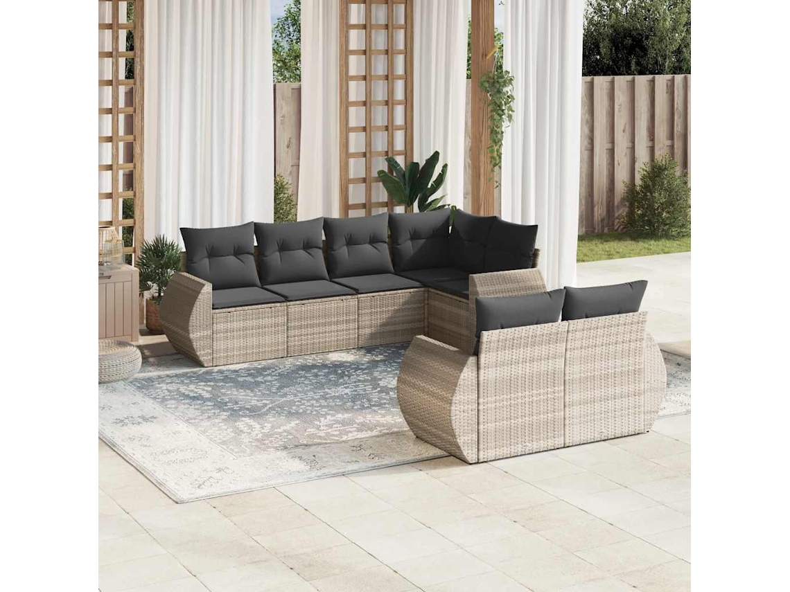 Vidaxl 7 Pcs Conj. Sofás Jardim Com Almofadões Vime Pe Cinzento-claro