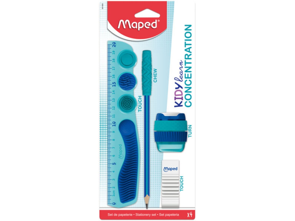 Conjunto Escolar MAPED Kidy Learn Concentration Régua, Lápis, Afia E Borracha Azul