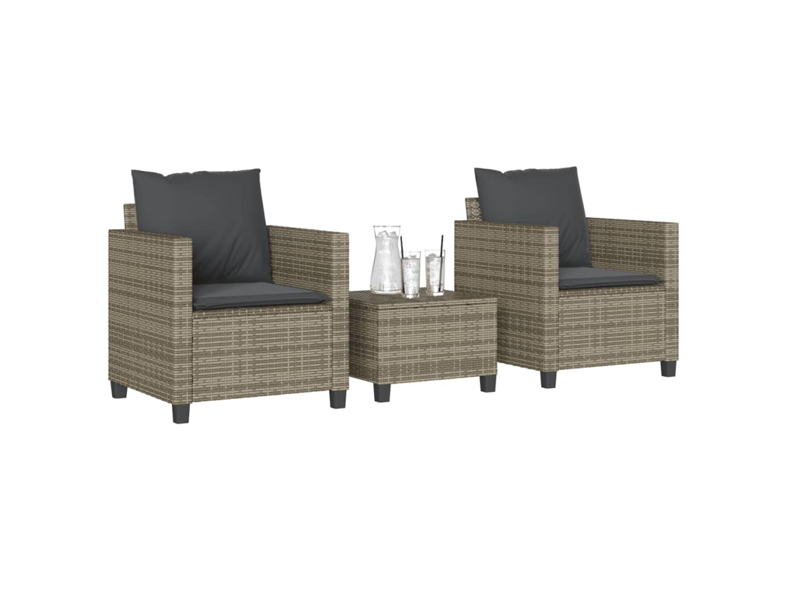 Vidaxl 3 Pcs Conjunto Bistrô Com Almofadões Vime Pe Cinza